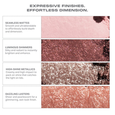 SEAMLESS MATTES
Smooth and ultrablendablo
to effortiessly build depth
and dimension.
LUMINOUS SHIMMERS
Silky and radiant to instantly
brighten and enhance.
HIGH-SHINE METALLICS
Creamy and high-impact to
pack on shine that catches
the light on lids.

DAZZLING LUSTERS
Sheer and pearlescent for a
glimmering, wet-look finish