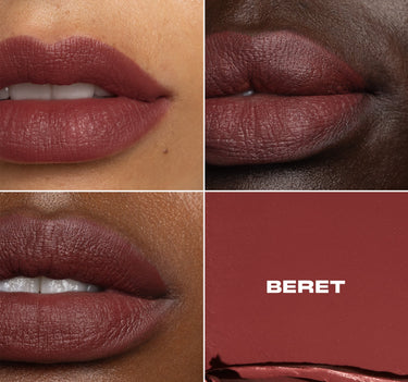 Close-up of lips wearing a burgundy lipstick with 