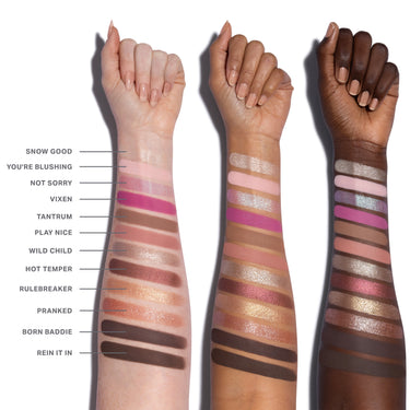 Three arms with makeup swatches labeled on a white background | Naughty Eyeshadow Palette | Secondary image