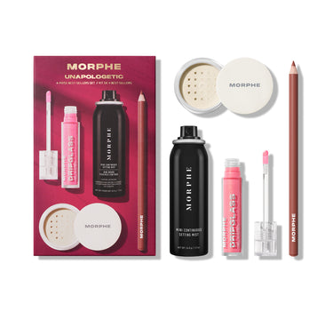 Morphe makeup product set with various items including bottles, brushes, and a pink box on a white background. | Unapologetic 4-Piece Best-Sellers Set
